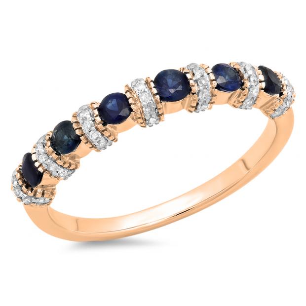 0.55 Carat (ctw) 14K Rose Gold Round Blue Sapphire And White Diamond Ladies Bridal Stackable Wedding Band Anniversary Ring 1/2 CT