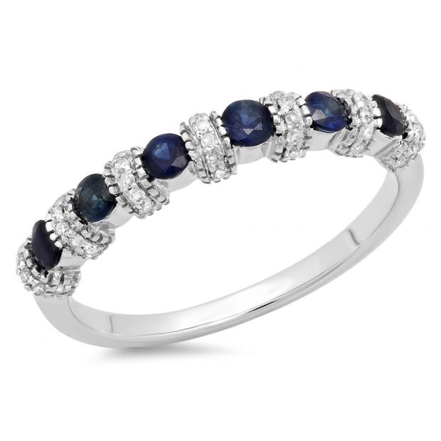 0.55 Carat (ctw) 14K White Gold Round Blue Sapphire And White Diamond Ladies Bridal Stackable Wedding Band Anniversary Ring 1/2 CT