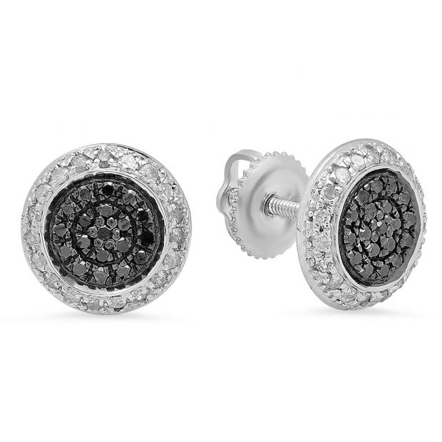 0.45 Carat (ctw) Sterling Silver Round Black & White Diamond Ladies Cluster Style Stud Earrings 1/2 CT
