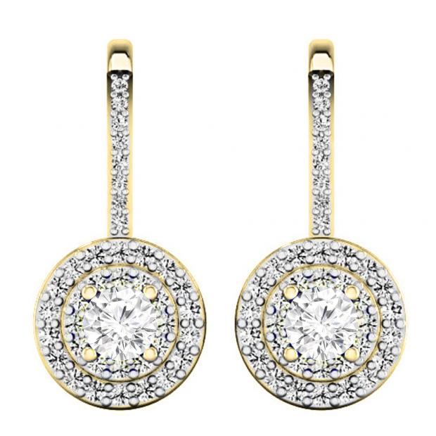 1.05 Carat (ctw) 18K Yellow Gold Round Cut White Diamond Ladies Halo Style Dangling Drop Earrings 1 CT