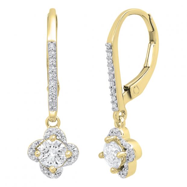 0.60 Carat (ctw) 10K Yellow Gold Round White Diamond Ladies Halo Style Flower Dangling Earrings