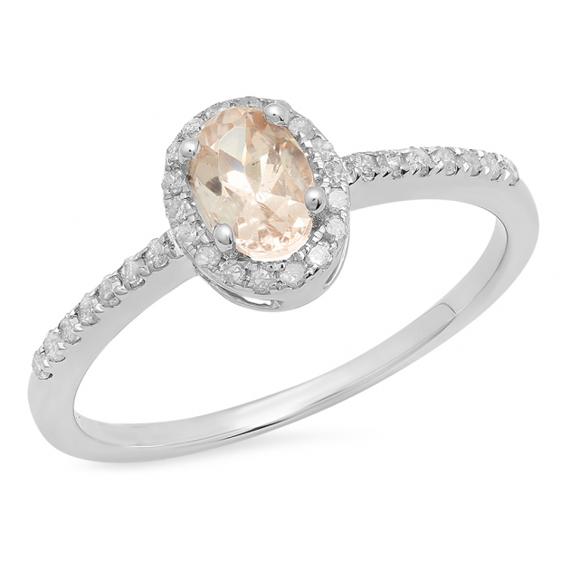0.75 Carat (ctw) Sterling Silver Oval Cut Morganite & Round Cut White Diamond Ladies Bridal Halo Style Engagement Ring 3/4 CT
