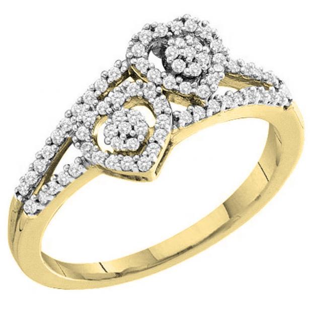 0.27 Carat (ctw) 10K Yellow Gold Round White Diamond Ladies Bridal Promise Double Heart Engagement Ring 1/4 CT