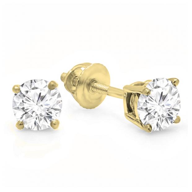 IGI CERTIFIED 0.75 Carat (ctw) 14K Yellow Gold Round Cut White Diamond Ladies Earrings