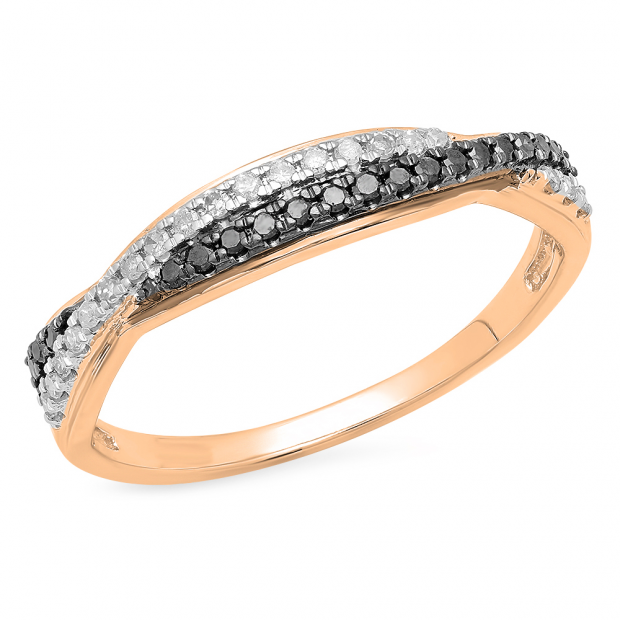 0.20 Carat (ctw) 10K Rose Gold Round Black & White Diamond Anniversary Wedding Band Swirl Matching Ring 1/5 CT