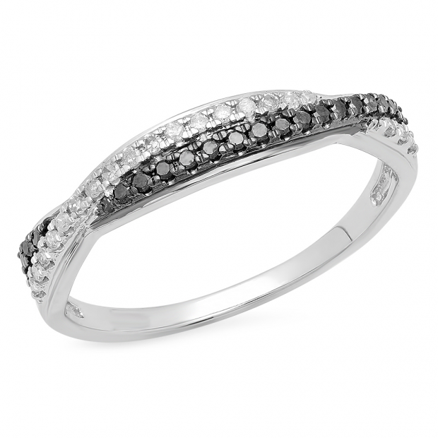 0.20 Carat (ctw) 10K White Gold Round Black & White Diamond Anniversary Wedding Band Swirl Matching Ring 1/5 CT