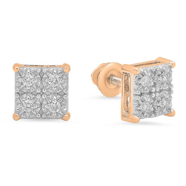 0.15 Carat (ctw) 10K Rose Gold Round White Diamond Ladies Square Shape Stud Earrings