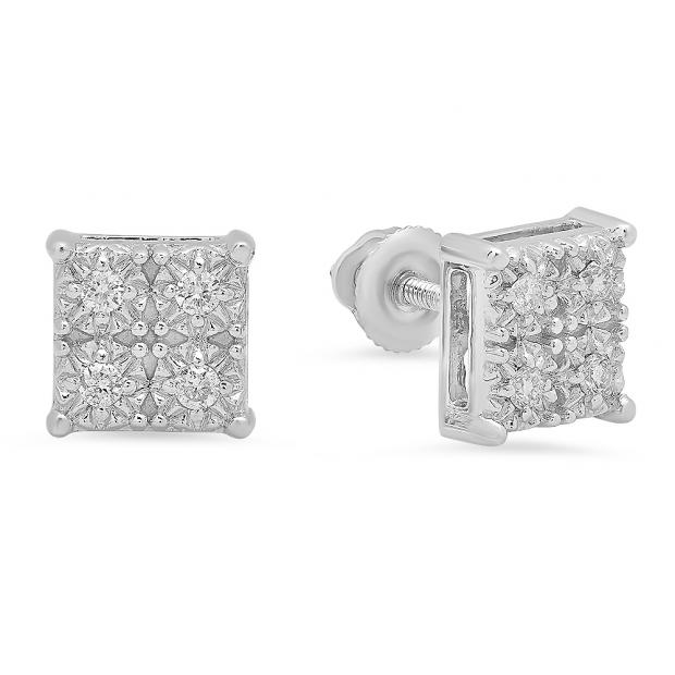 0.15 Carat (ctw) 10K White Gold Round White Diamond Ladies Square Shape Stud Earrings