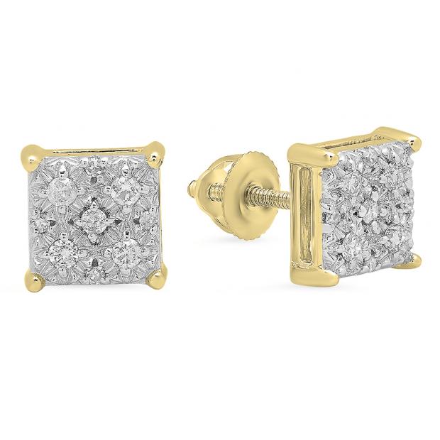 0.20 Carat (ctw) 10K Yellow Gold Round White Diamond Ladies Square Shape Stud Earrings 1/5 CT