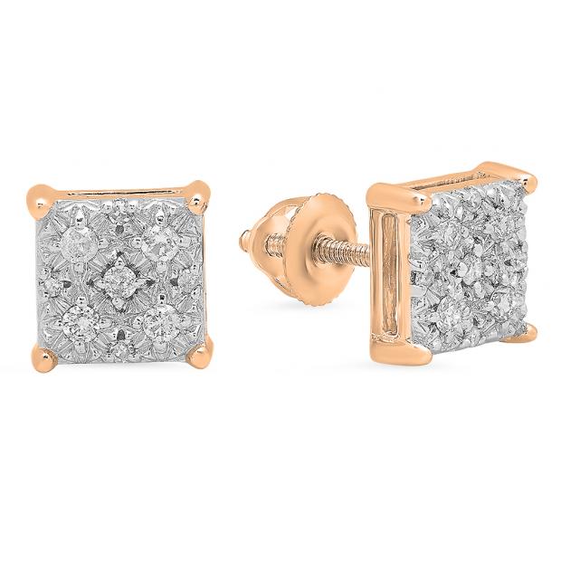 0.20 Carat (ctw) 18K Rose Gold Round White Diamond Ladies Square Shape Stud Earrings 1/5 CT