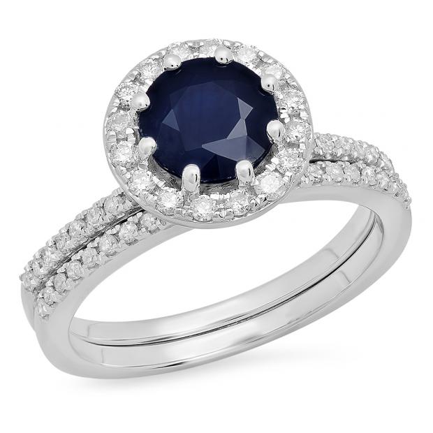 2.50 Carat (ctw) 10K White Gold Round Cut Blue Sapphire & White Diamond Ladies Bridal Halo Engagement Ring With Matching Band Set