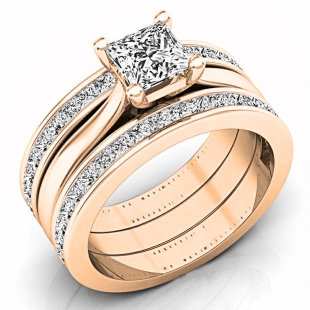 2.05 Carat (ctw) 18K Rose Gold Princess Cut White Diamond Ladies Bridal Engagement Ring Matching Band Set 2 CT