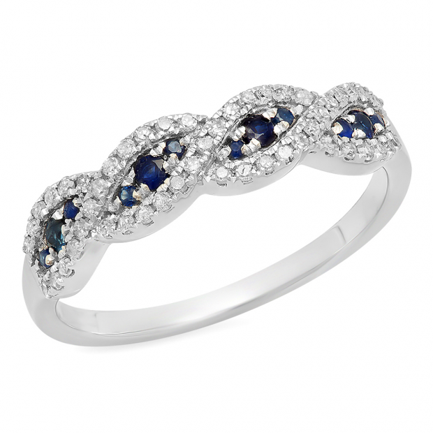 0.35 Carat (ctw) 10K White Gold Round Blue Sapphire & White Diamond Ladies Bridal Stackable Anniversary Wedding Band Swirl Ring