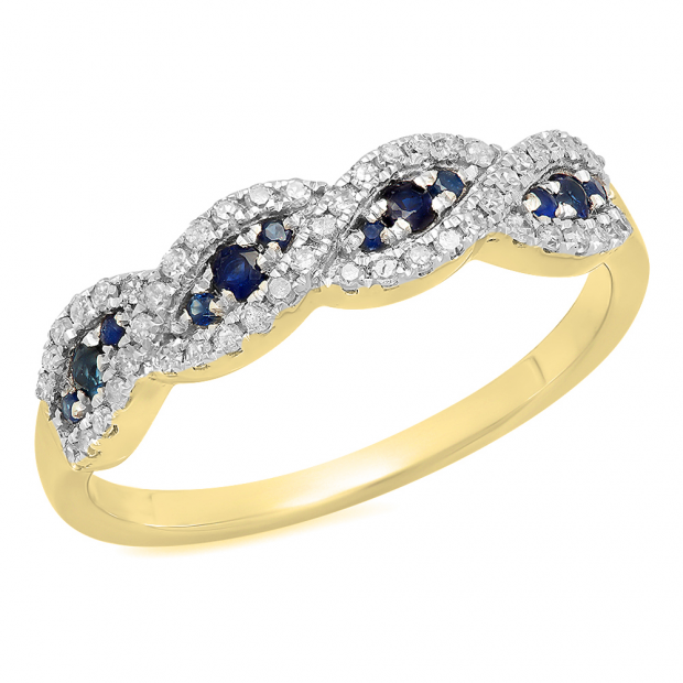 0.35 Carat (ctw) 10K Yellow Gold Round Blue Sapphire & White Diamond Ladies Bridal Stackable Anniversary Wedding Band Swirl Ring