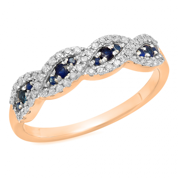 0.35 Carat (ctw) 14K Rose Gold Round Blue Sapphire & White Diamond Ladies Bridal Stackable Anniversary Wedding Band Swirl Ring