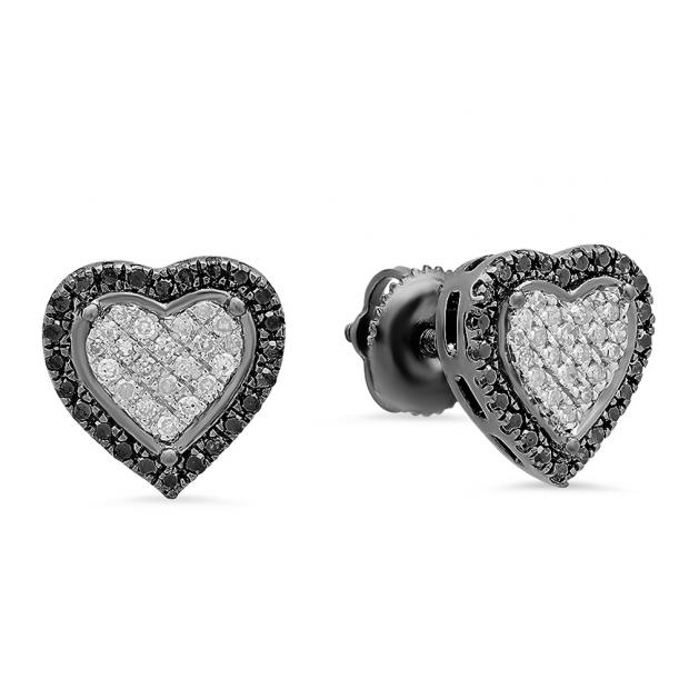 0.35 Carat (ctw) Black Plated Sterling Silver Round Cut Black & White Diamond Ladies Heart Shape Fashion Stud Earrings 1/3 CT