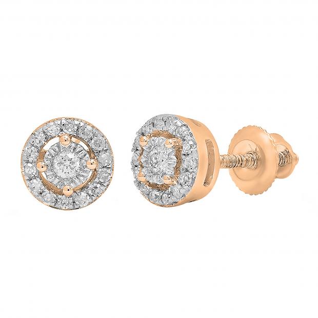 Round White Diamond Centre Halo Illusion Set with Sided Rectangular Grooves Stud Earrings for Women (0.20 ctw, Color I-J, Clarity I1-I2) in 18K Rose Gold in Screw Back