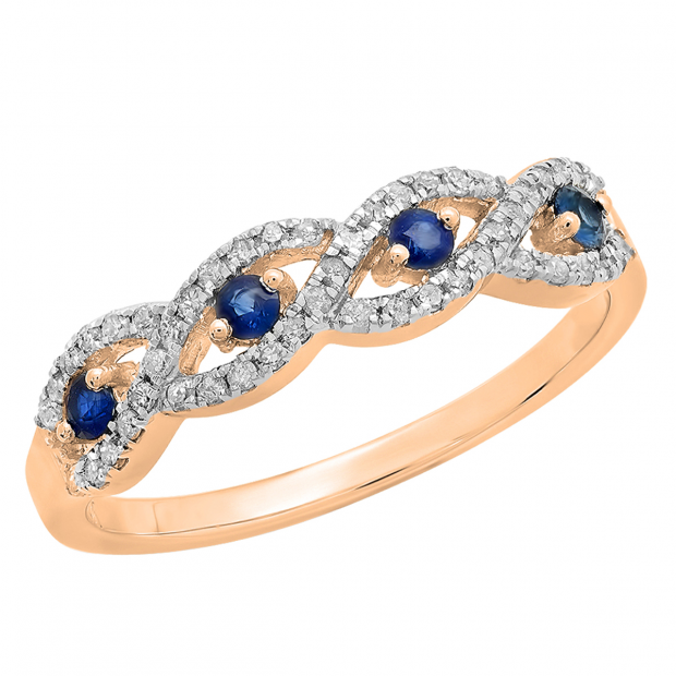0.40 Carat (ctw) 10K Rose Gold Round Blue Sapphire & White Diamond Ladies Bridal Stackable Anniversary Wedding Band Swirl Ring
