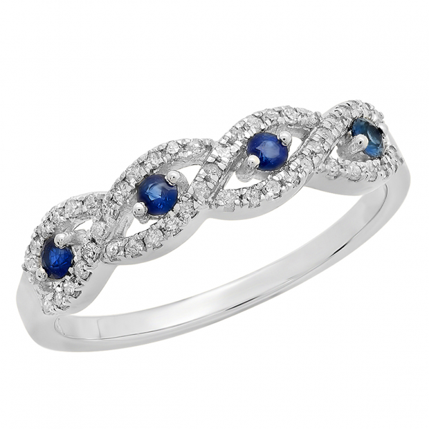 0.40 Carat (ctw) 10K White Gold Round Blue Sapphire & White Diamond Ladies Bridal Stackable Anniversary Wedding Band Swirl Ring