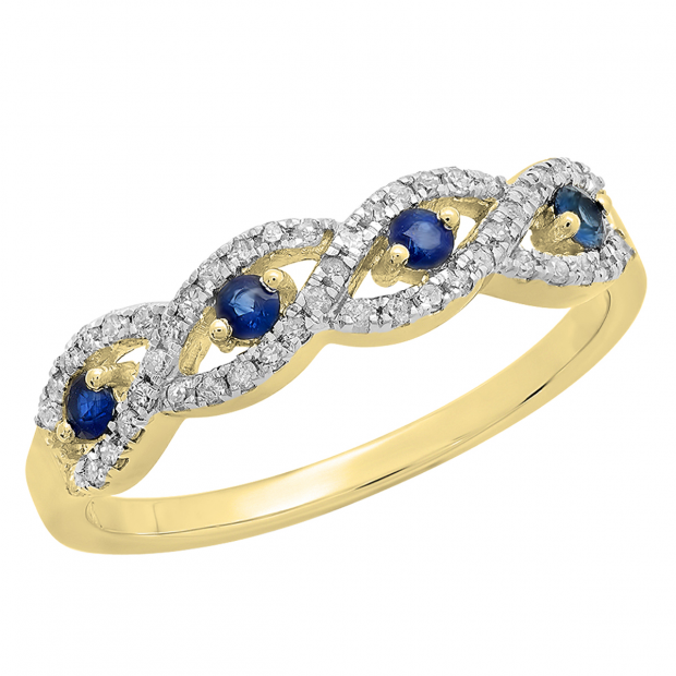 0.40 Carat (ctw) 10K Yellow Gold Round Blue Sapphire & White Diamond Ladies Bridal Stackable Anniversary Wedding Band Swirl Ring