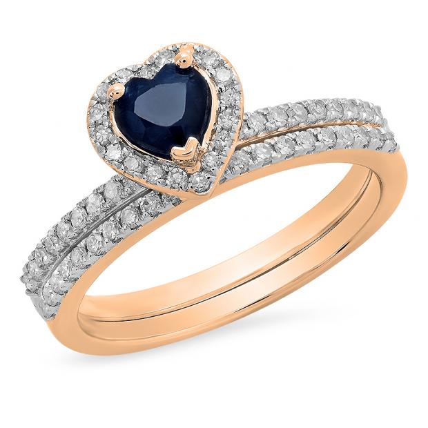 1.05 Carat (ctw) 10K Rose Gold Heart Cut Blue Sapphire & Round Cut White Diamond Ladies Heart Shaped Bridal Engagement Ring With Matching Band Set 1 CT