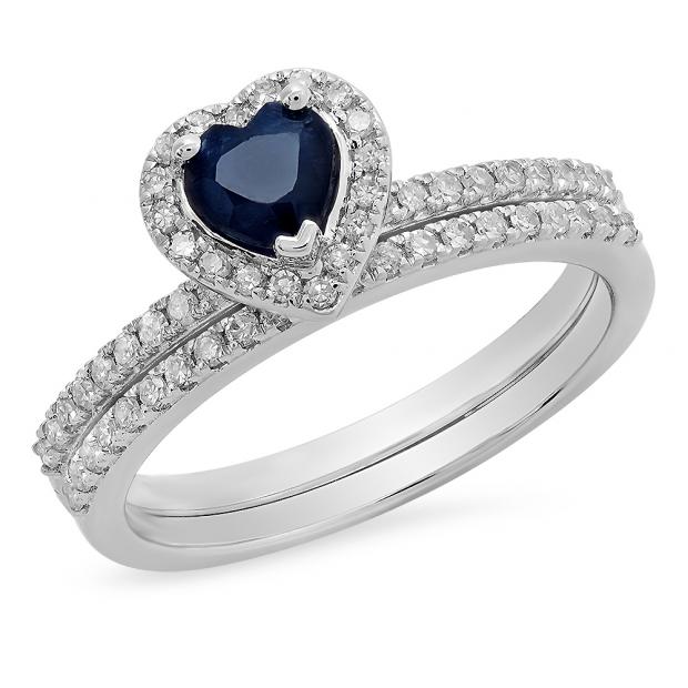 1.05 Carat (ctw) 18K White Gold Heart Cut Blue Sapphire & Round Cut White Diamond Ladies Heart Shaped Bridal Engagement Ring With Matching Band Set 1 CT
