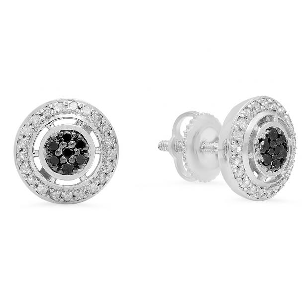 0.30 Carat (ctw) Sterling Silver Round Black & White Diamond Ladies Cluster Stud Earrings 1/3 CT
