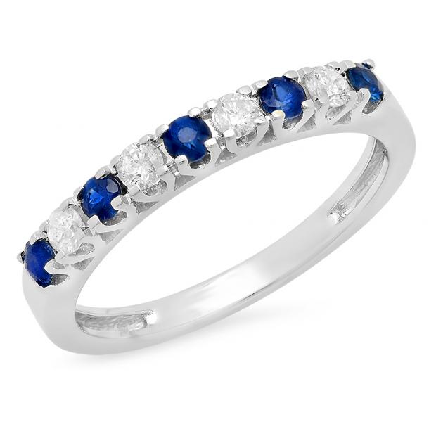 0.60 Carat (ctw) 10K White Gold Round Cut Blue Sapphire & White Diamond Ladies Anniversary Wedding Stackable Band
