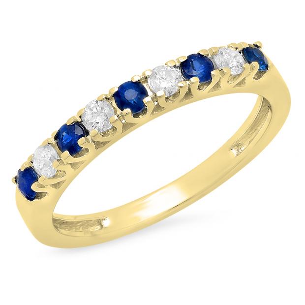 0.60 Carat (ctw) 10K Yellow Gold Round Cut Blue Sapphire & White Diamond Ladies Anniversary Wedding Stackable Band