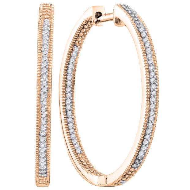 0.55 Carat (ctw) 14K Rose Gold Round White Diamond Ladies In and Out Fashion Hoop Earrings 1/2 CT