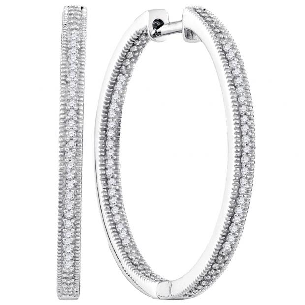 0.55 Carat (ctw) 14K White Gold Round White Diamond Ladies In and Out Fashion Hoop Earrings 1/2 CT