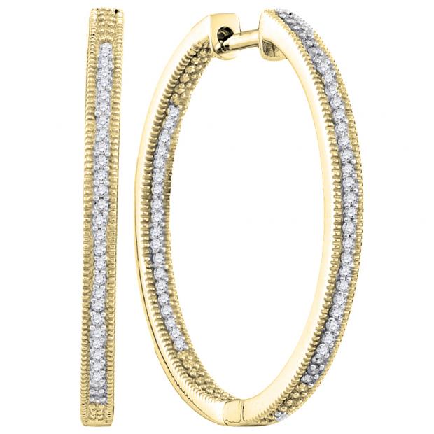 0.55 Carat (ctw) 14K Yellow Gold Round White Diamond Ladies In and Out Fashion Hoop Earrings 1/2 CT