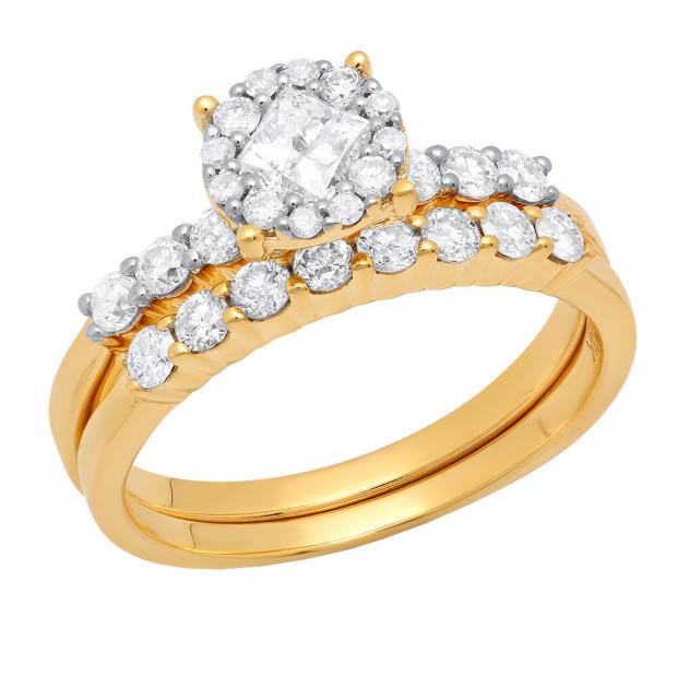 1.05 Carat (ctw) 14K Yellow Gold Round & Princess Cut White Diamond Soliel Style Engagement Ring Set 1 CT