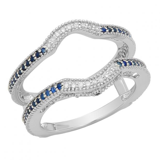0.50 Carat (ctw) 14K White Gold Round Blue Sapphire & White Diamond Ladies Anniversary Wedding Band Enhancer Double Guard Ring 1/2 CT