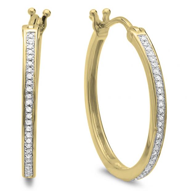 0.22 Carat (ctw) 18K Yellow Gold Plated Sterling Silver Round White Diamond Ladies Hoop Earrings 1/4 CT