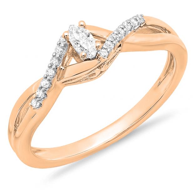 0.15 Carat (ctw) 10K Rose Gold Round & Marquise Cut White Diamond Ladies Bridal Crossover Swirl Promise Engagement Ring