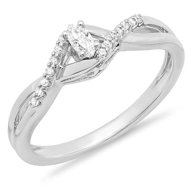 0.15 Carat (ctw) 18K White Gold Round & Marquise Cut White Diamond Ladies Bridal Crossover Swirl Promise Engagement Ring
