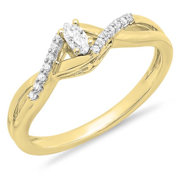 0.15 Carat (ctw) 18K Yellow Gold Round & Marquise Cut White Diamond Ladies Bridal Crossover Swirl Promise Engagement Ring