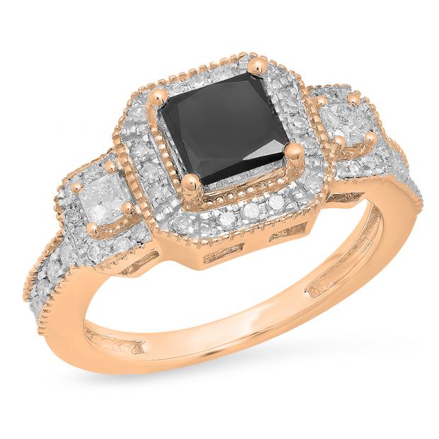 2.00 Carat (ctw) 10K Rose Gold Princess & Round Cut Black & White Diamond Ladies Bridal Halo Style Octagon Engagement Ring 2 CT