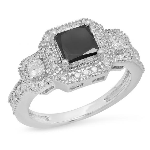 2.00 Carat (ctw) 10K White Gold Princess & Round Cut Black & White Diamond Ladies Bridal Halo Style Octagon Engagement Ring 2 CT