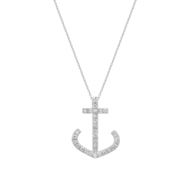 0.10 Carat (ctw) 10K White Gold Round Diamond Ladies Anchor Pendant 1/10 CT (Silver Chain Included)