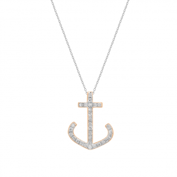 0.10 Carat (ctw) 18K Rose Gold Round Diamond Ladies Anchor Pendant 1/10 CT (Silver Chain Included)