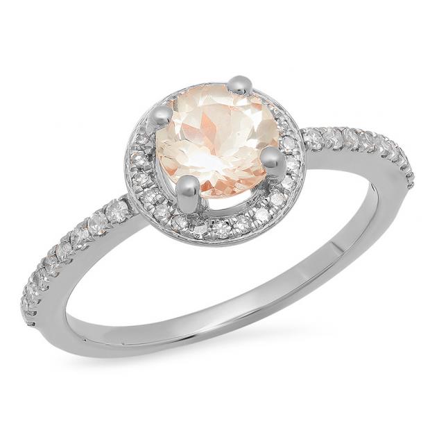 1.05 Carat (ctw) 10K White Gold Round Cut Morganite & White Diamond Ladies Halo Bridal Engagement Ring 1 CT