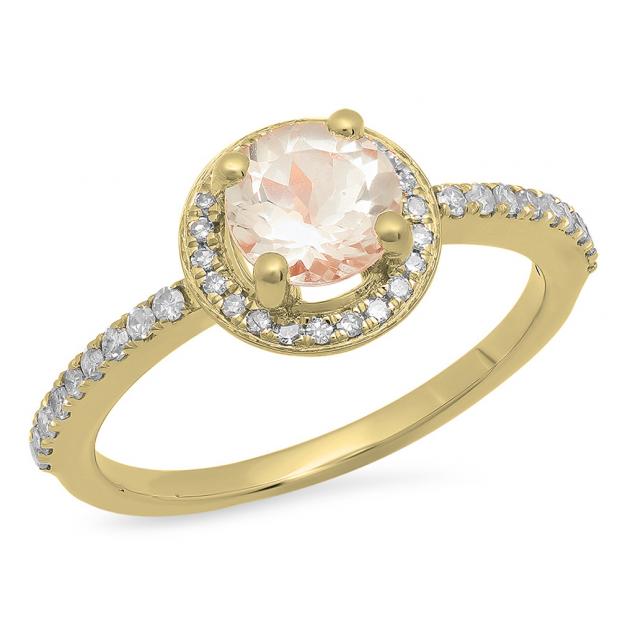 1.05 Carat (ctw) 10K Yellow Gold Round Cut Morganite & White Diamond Ladies Halo Bridal Engagement Ring 1 CT