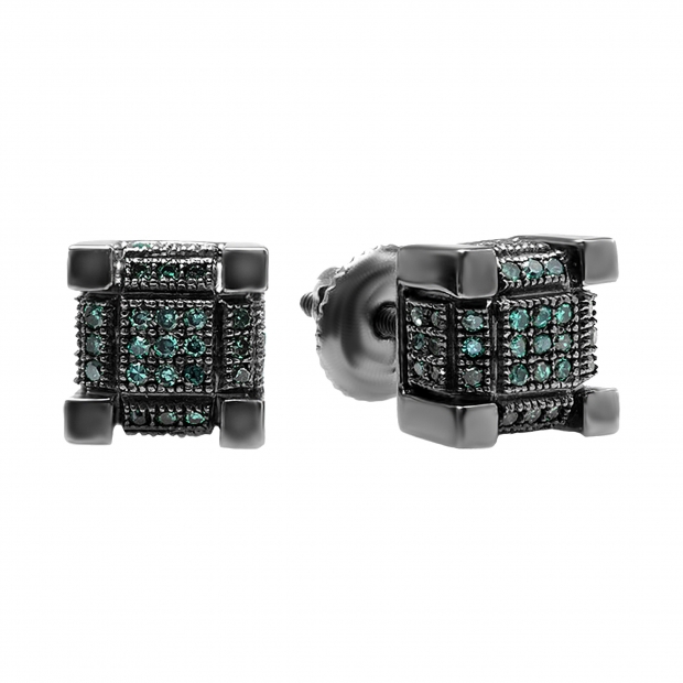0.50 Carat (ctw) Black Rhodium Plated Sterling Silver Real Round Blue Diamond Iced Mens Hip Hop Cube Dice Shape Stud Earrings 1/2 CT