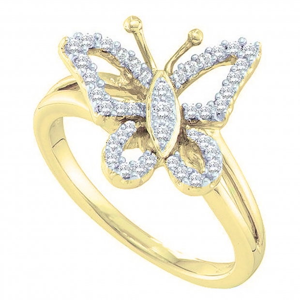 0.20 Carat (ctw) 10K Yellow Gold Round White Diamond Cocktail Right Hand Butterfly Ring 1/5 CT