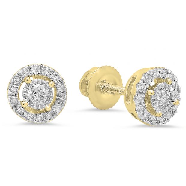 0.20 Carat (ctw) 18K Yellow Gold Round White Diamond Ladies Cluster Style Stud Earrings 1/5 CT