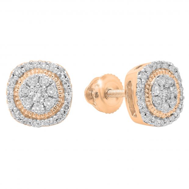 0.30 Carat (ctw) 14K Rose Gold Real Round Cut White Diamond Ladies Flower Cluster Stud Earrings 1/3 CT