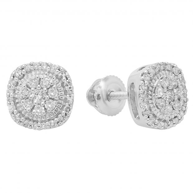 0.30 Carat (ctw) 18K White Gold Real Round Cut White Diamond Ladies Flower Cluster Stud Earrings 1/3 CT