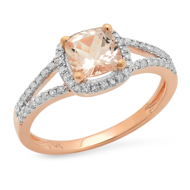 1.05 Carat (ctw) 18K Rose Gold Cushion Cut Morganite & Round Cut White Diamond Ladies Bridal Split Shank Halo Style Engagement Ring 1 CT